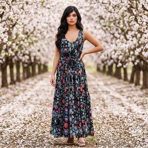 Johnny Was Black Floral Maxi Dress